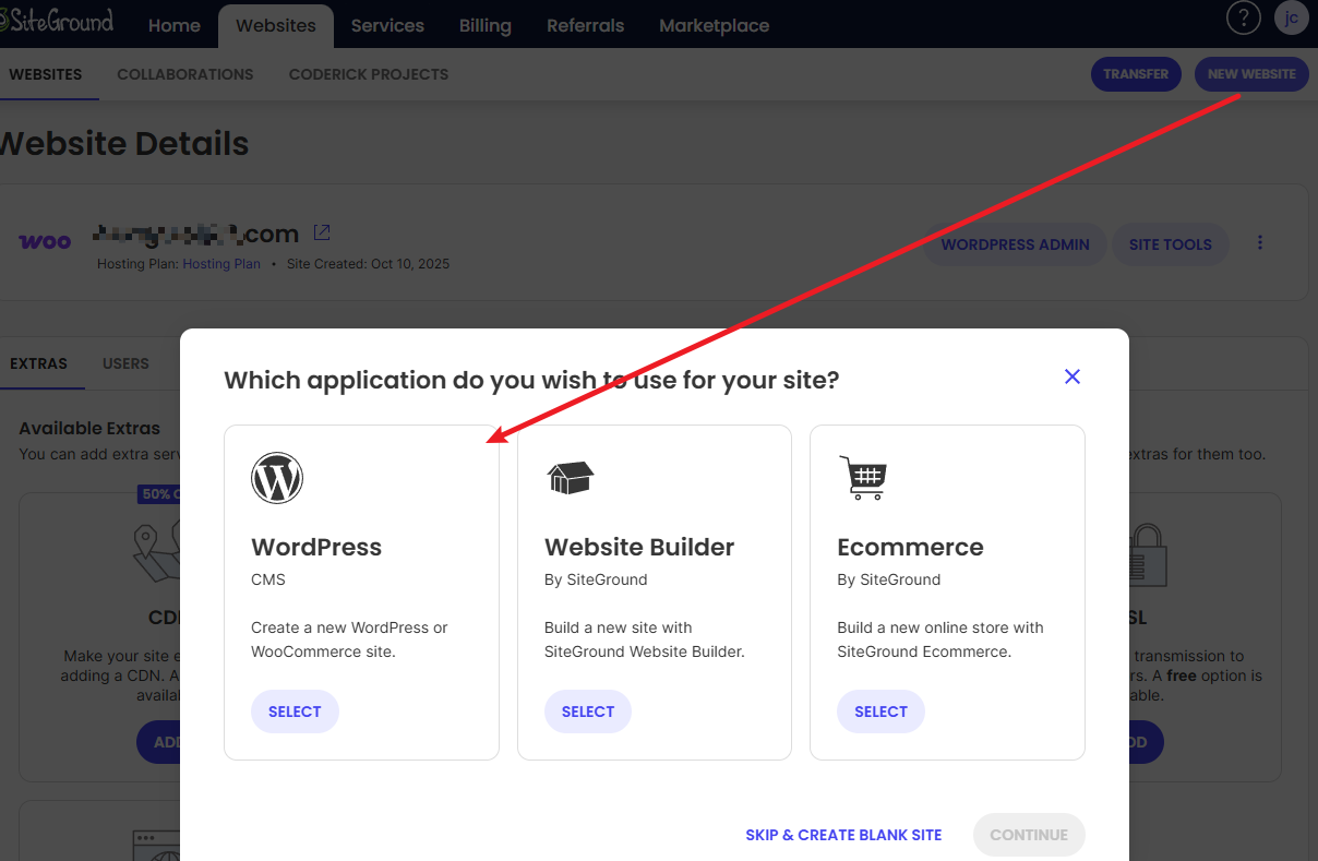 SiteGround后台添加新网站