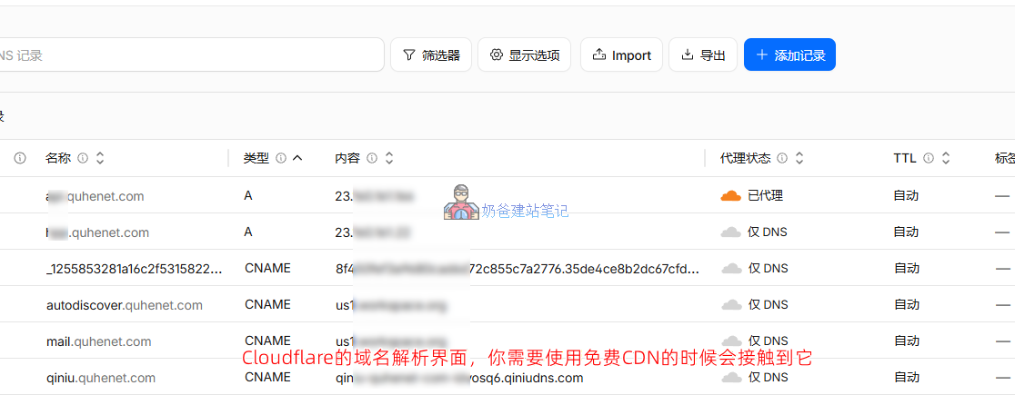 Cloudflare域名解析界面
